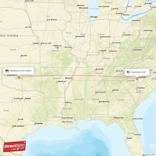Charlotte - Oklahoma City direct flight map