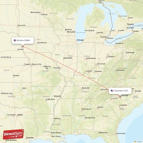 Charlotte - Omaha direct flight map