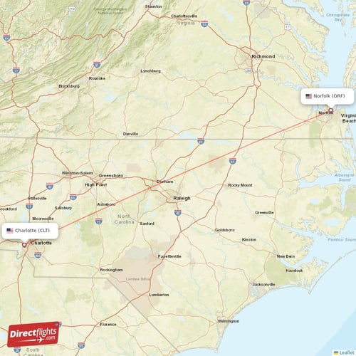 Charlotte - Norfolk direct flight map