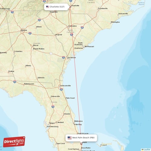 Charlotte - West Palm Beach direct flight map