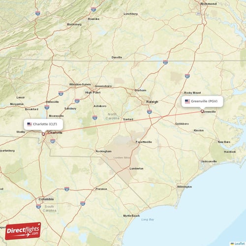 Charlotte - Greenville direct flight map