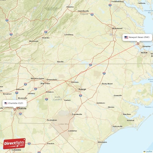 Charlotte - Newport News direct flight map