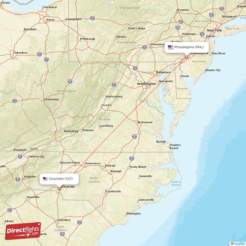 Charlotte - Philadelphia direct flight map