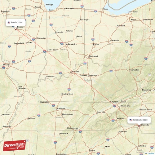Charlotte - Peoria direct flight map