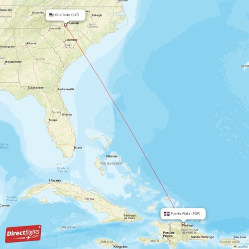Charlotte - Puerto Plata direct flight map