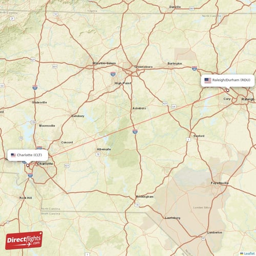 Charlotte - Raleigh/Durham direct flight map
