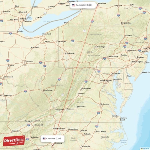 Charlotte - Rochester direct flight map