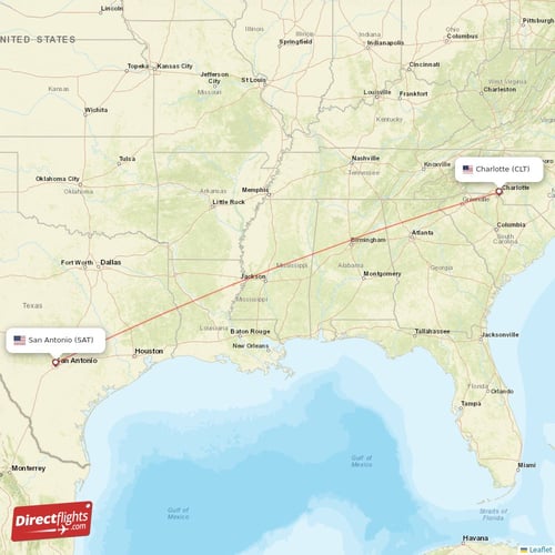 Charlotte - San Antonio direct flight map