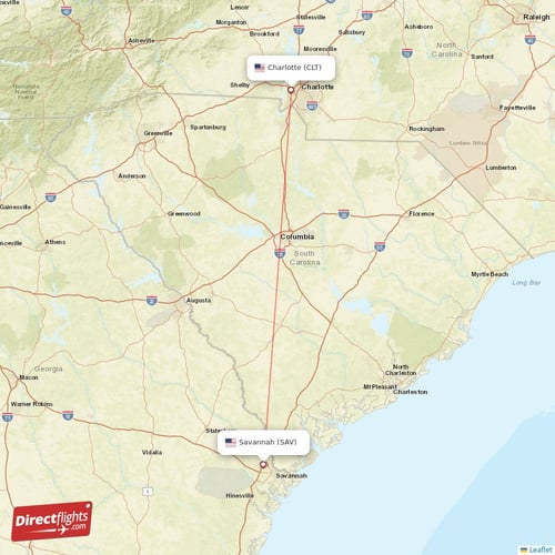 Charlotte - Savannah direct flight map