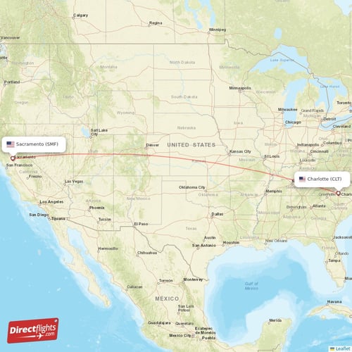 Charlotte - Sacramento direct flight map