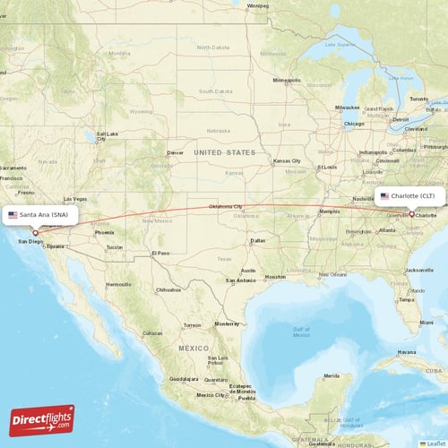 Charlotte - Santa Ana direct flight map