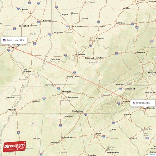 Charlotte - Saint Louis direct flight map