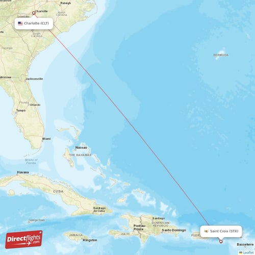 Charlotte - Saint Croix direct flight map