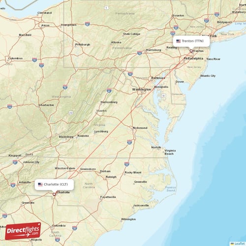 Charlotte - Trenton direct flight map