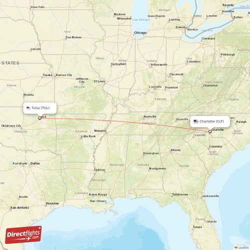 Charlotte - Tulsa direct flight map