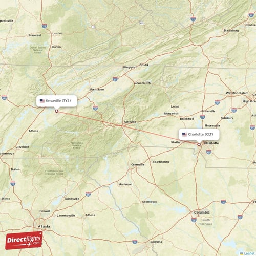 Charlotte - Knoxville direct flight map