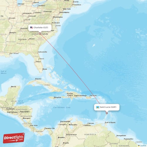 Charlotte - Saint Lucia direct flight map