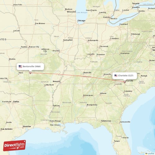 Charlotte - Bentonville direct flight map