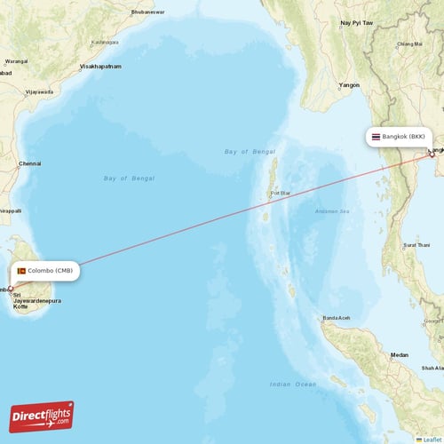 Colombo - Bangkok direct flight map