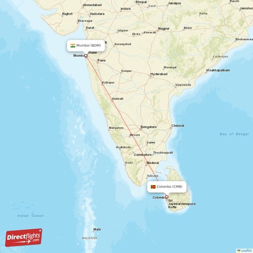 Colombo - Mumbai direct flight map