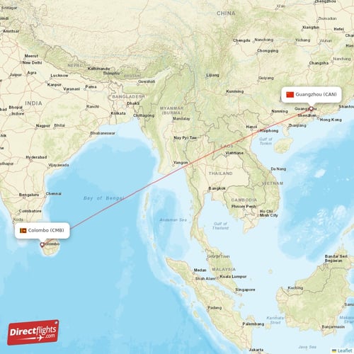 Colombo - Guangzhou direct flight map