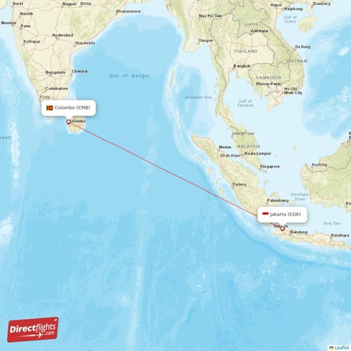 Colombo - Jakarta direct flight map