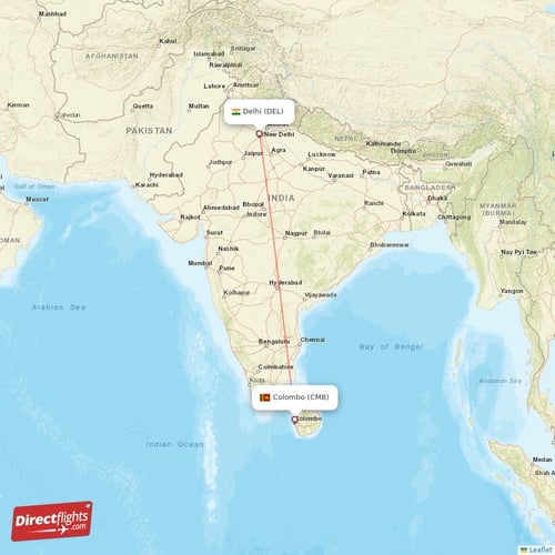 Colombo - Delhi direct flight map