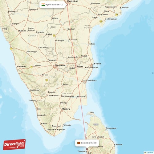 Colombo - Hyderabad direct flight map