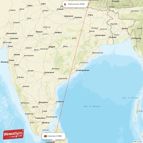 Colombo - Kathmandu direct flight map