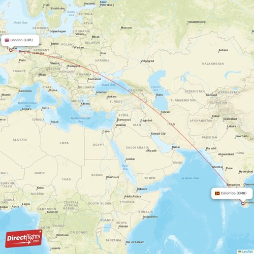 Colombo - London direct flight map