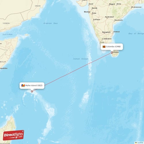 Colombo - Mahe Island direct flight map