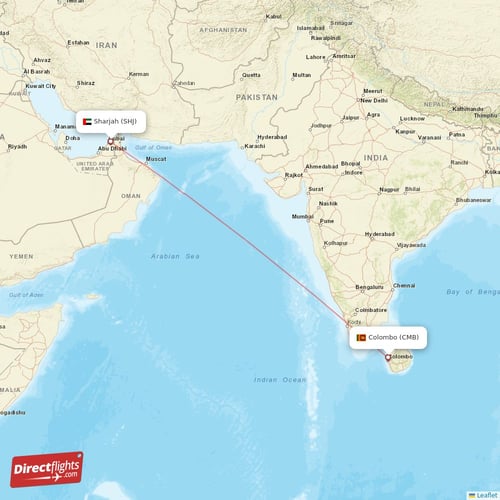 Colombo - Sharjah direct flight map
