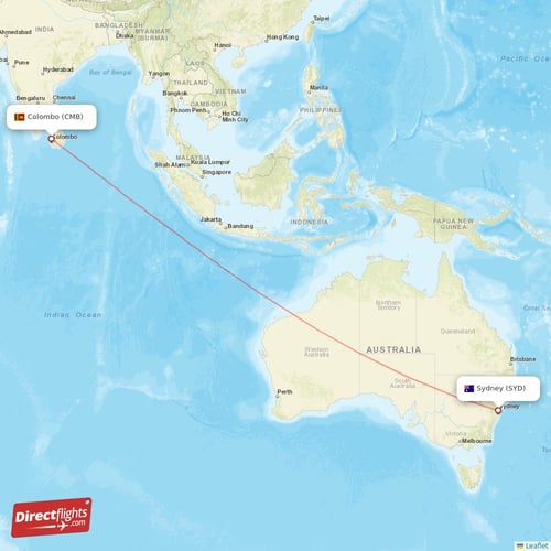 Colombo - Sydney direct flight map