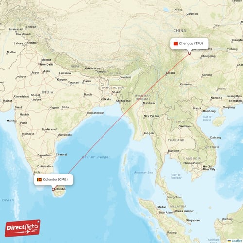 Colombo - Chengdu direct flight map
