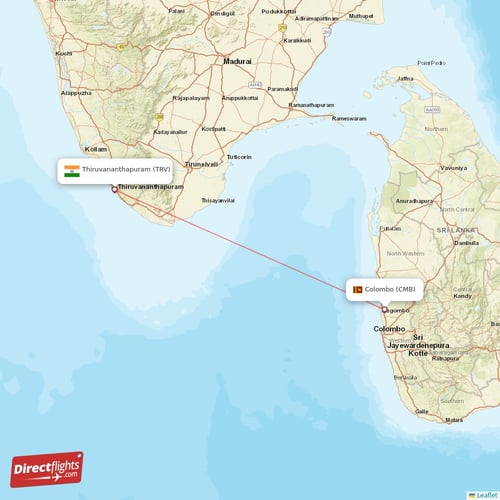 Colombo - Thiruvananthapuram direct flight map