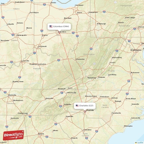 Columbus - Charlotte direct flight map