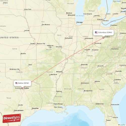 Columbus - Dallas direct flight map