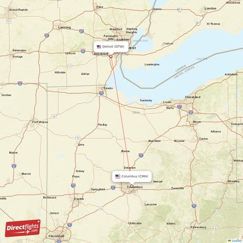 Columbus - Detroit direct flight map