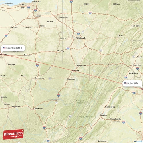 Columbus - Dulles direct flight map