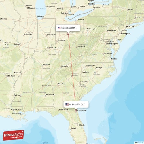 Columbus - Jacksonville direct flight map