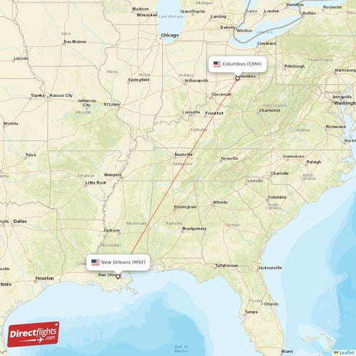 Columbus - New Orleans direct flight map