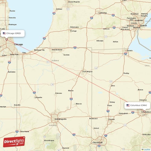 Columbus - Chicago direct flight map