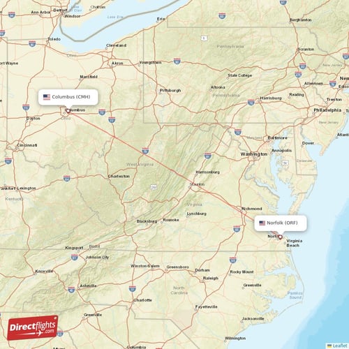 Columbus - Norfolk direct flight map