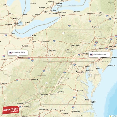 Columbus - Philadelphia direct flight map