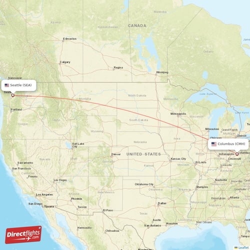 Columbus - Seattle direct flight map
