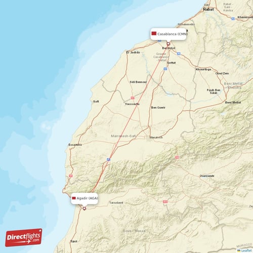Casablanca - Agadir direct flight map