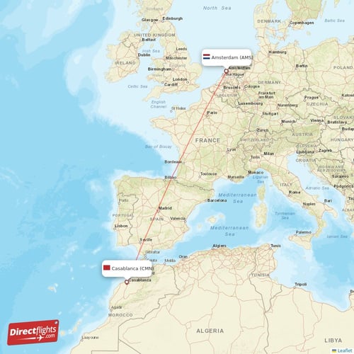 Casablanca - Amsterdam direct flight map
