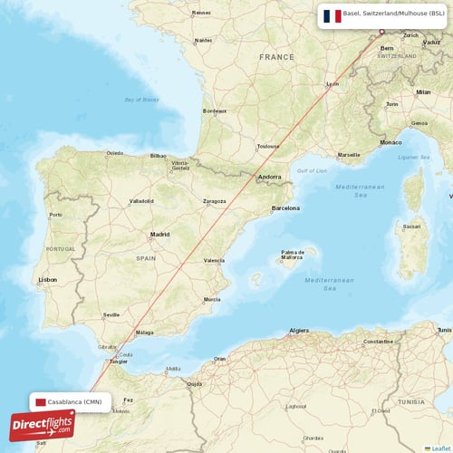 Casablanca - Basel, Switzerland/Mulhouse direct flight map