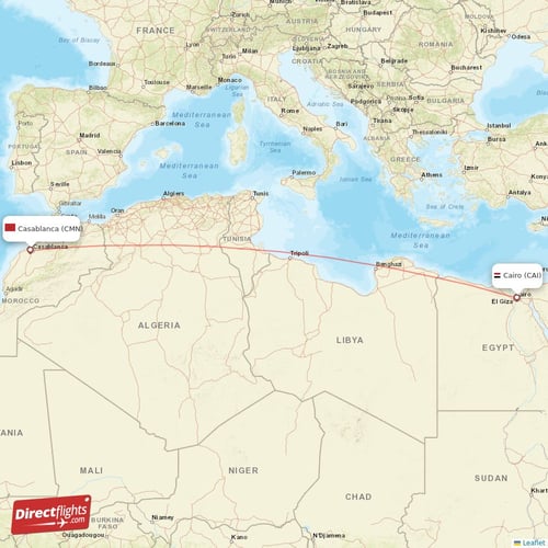 Casablanca - Cairo direct flight map