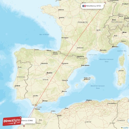 Casablanca - Metz/Nancy direct flight map